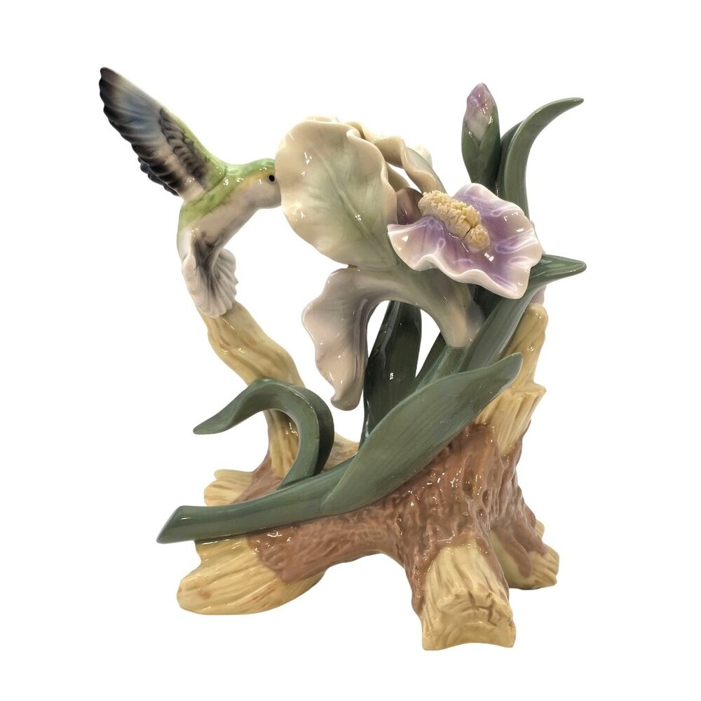 Hand Painted Porcelain Iris with Hummingbird Figurine/Decor, Glossy Collectible